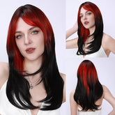 Ombre Red & Black Layered Curtain Bang Long Straight Wig for Prom